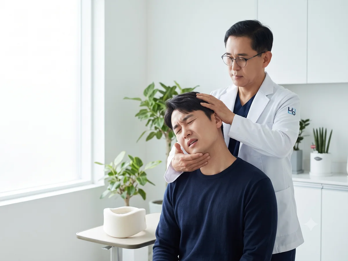 목을 짚고 통증을 호소하는 남성을 진찰하는 한의사