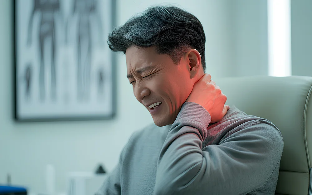 사무실 의자에 앉아 뒷목을 감싸 쥐고 통증을 느끼는 중년 남성