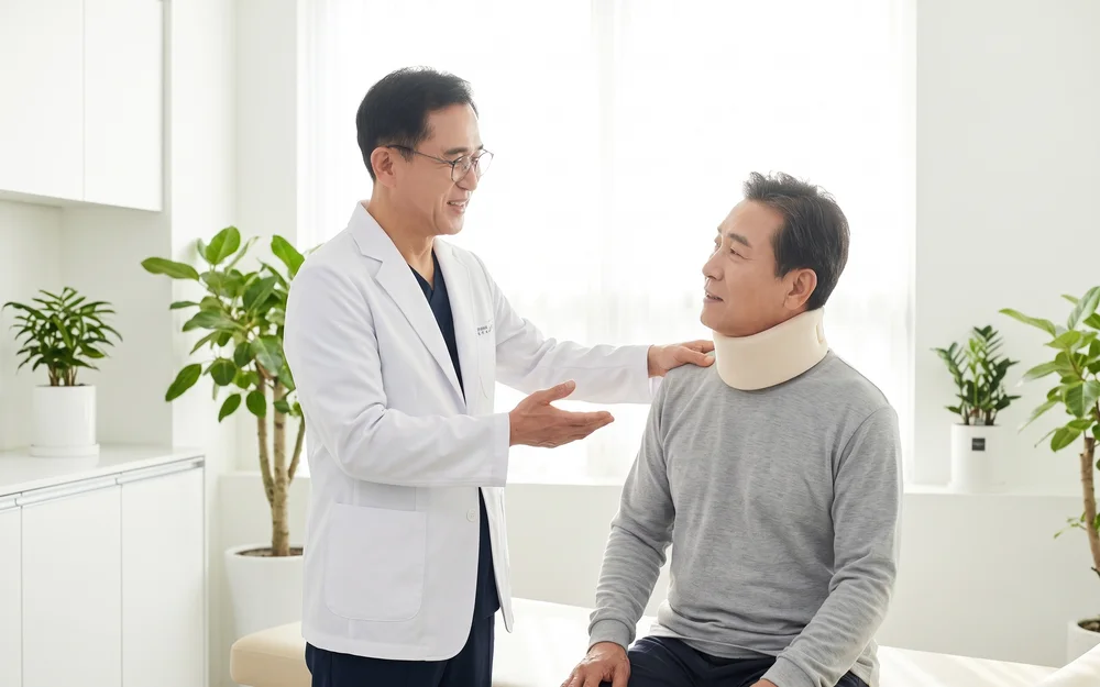 목 보조기를 한 중년 환자와 이야기를 나누는 한의사