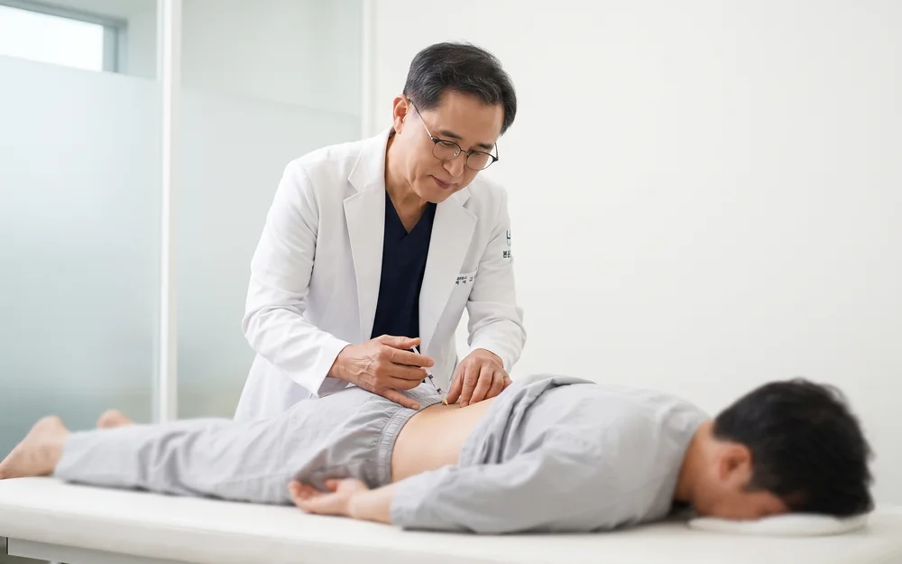 엎드린 환자의 허리에 침 치료를 하는 한의사