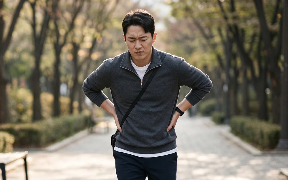 길을 걷다 멈춰 서서 허리를 짚고 있는 남성