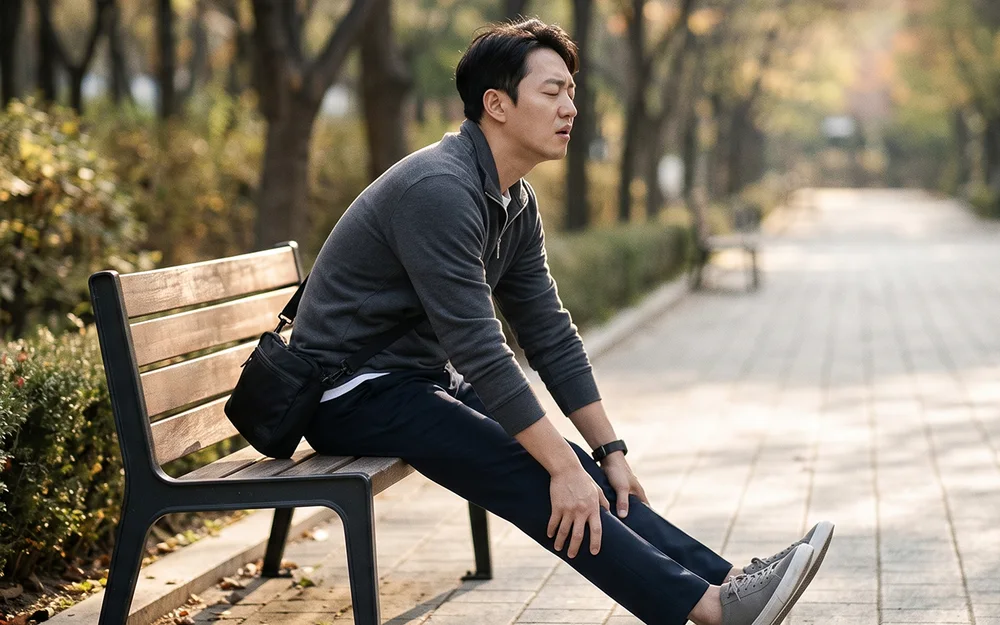 벤치에 앉아 다리를 주무르며 쉬고 있는 남성
