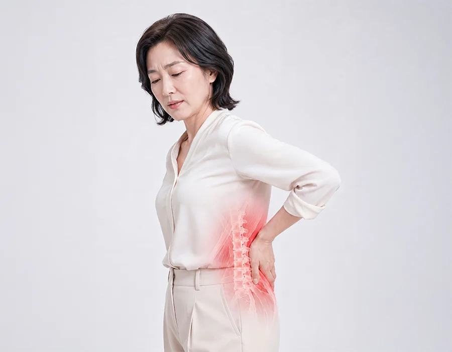 허리를 짚고 통증을 느끼는 중년 여성과 붉게 표시된 요추